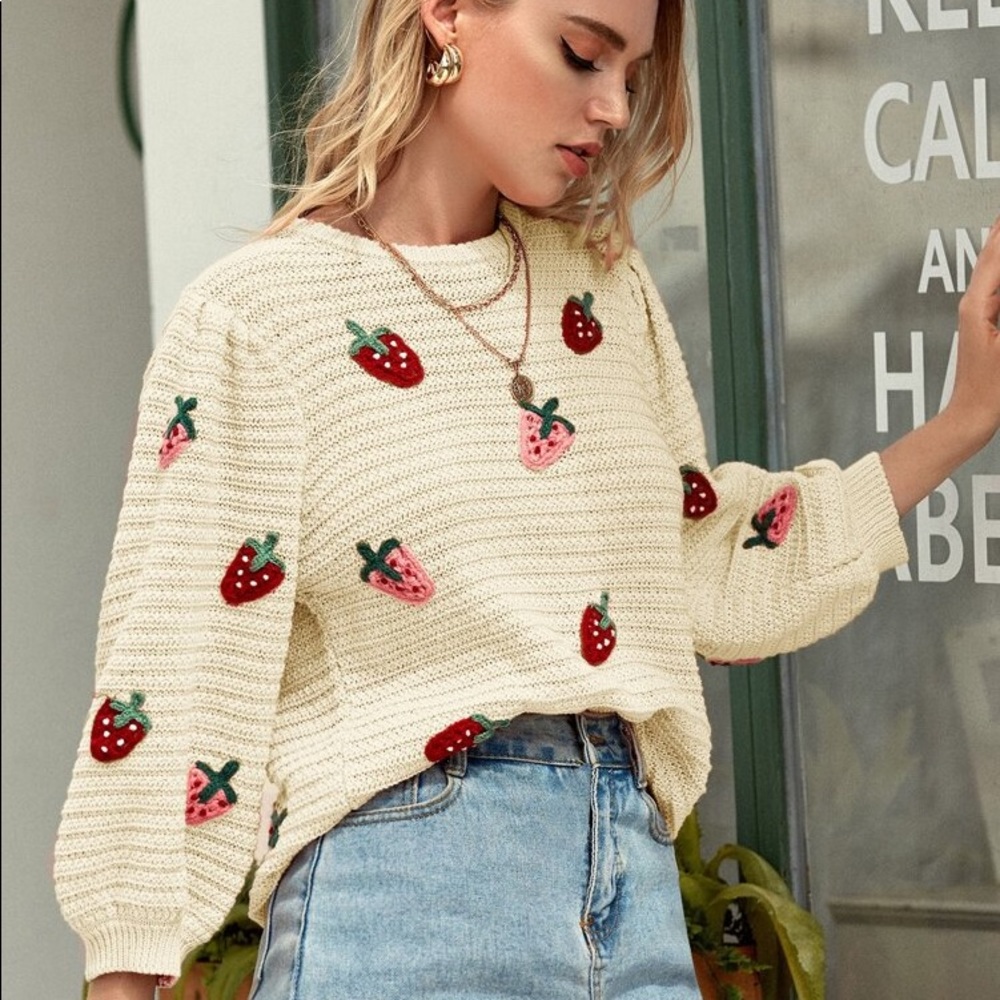 SOLD - Cream Strawberry Sweater - Picture 5 of 5